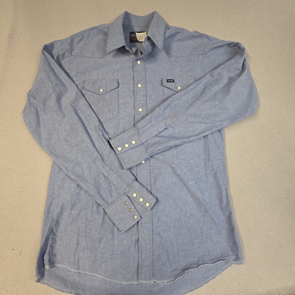 Wrangler Western Shirt Mens Large Tall LT Blue Chambray Pearl Snap Vtg Y2k